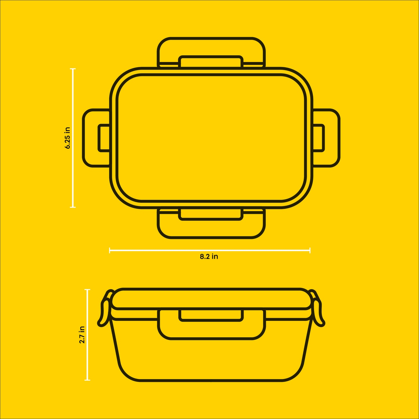 Illustrations of containers with their respective sizes on a yellow background
