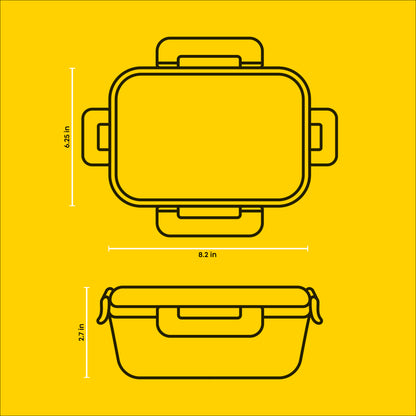 Illustrations of containers with their respective sizes on a yellow background