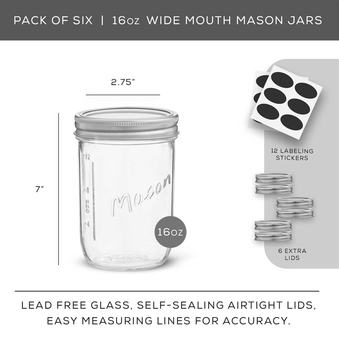 Mason Jars with Airtight Lids, Labels and Measures