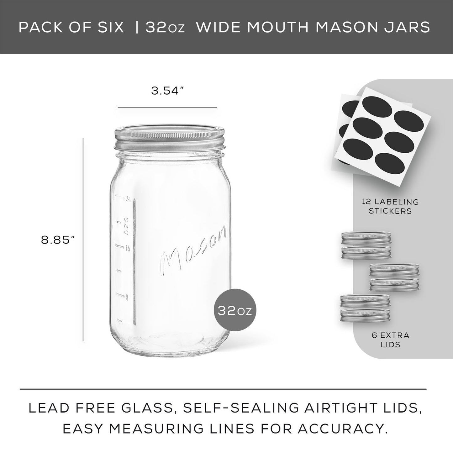 Mason Jars with Airtight Lids, Labels and Measures
