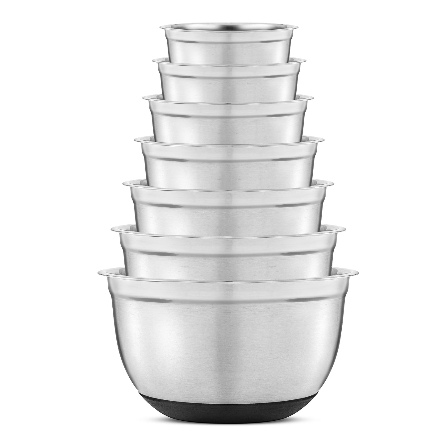 Set of stainless steel mixing bowls nestled within each other on a white background