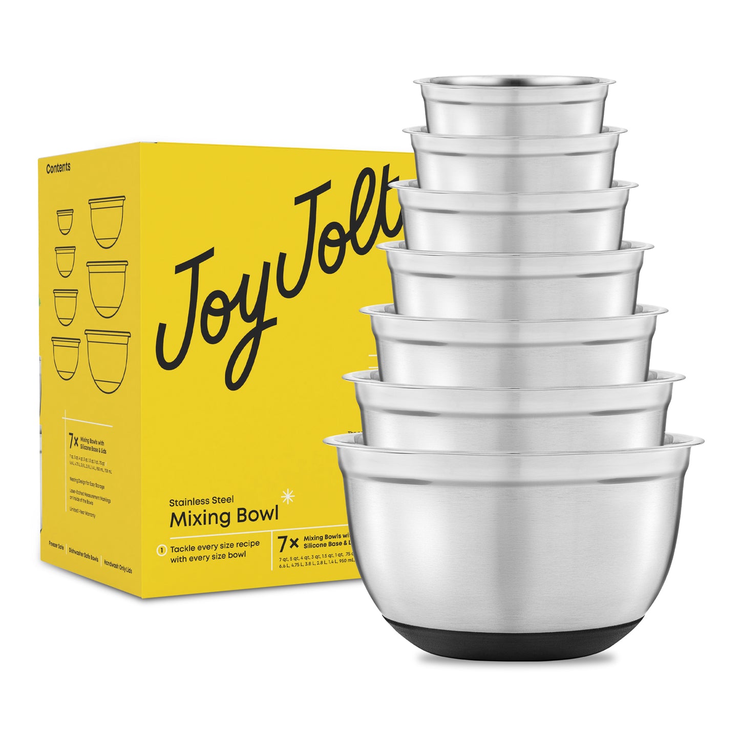 Set of mixing bowls with a yellow packaging JoyJolt box in the background