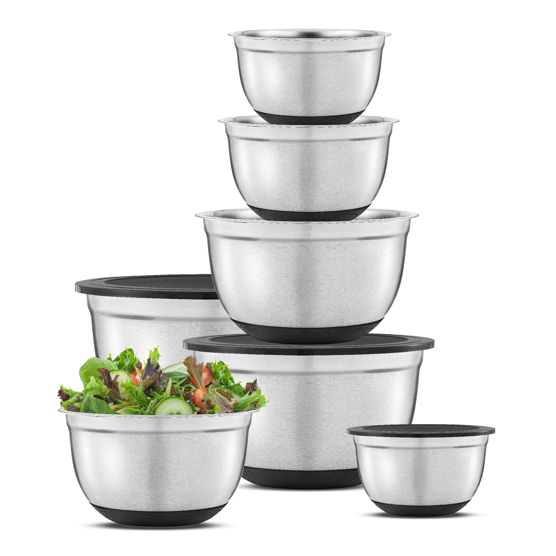 Set of stainless steel mixing bowls with black lids on a white background