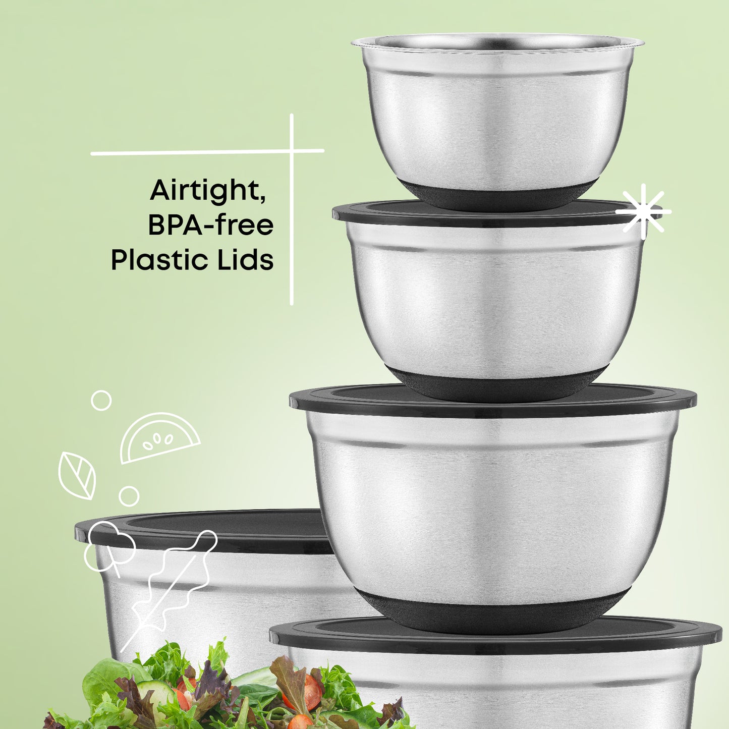 Four mixing bowls stacked on top of each other with text "airtight, bpa free plastic lids"