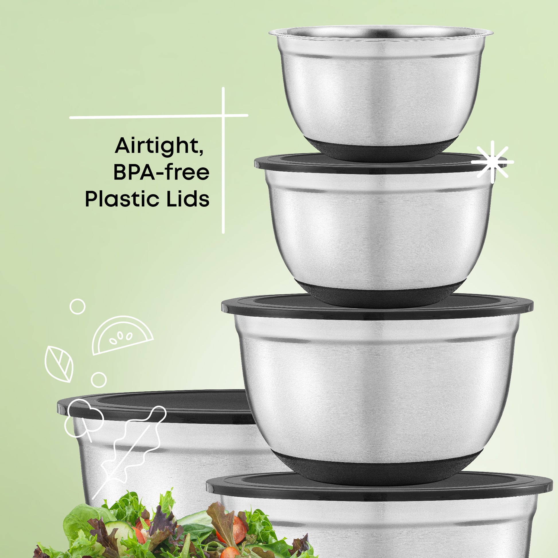 Four mixing bowls stacked on top of each other with text "airtight, bpa free plastic lids"