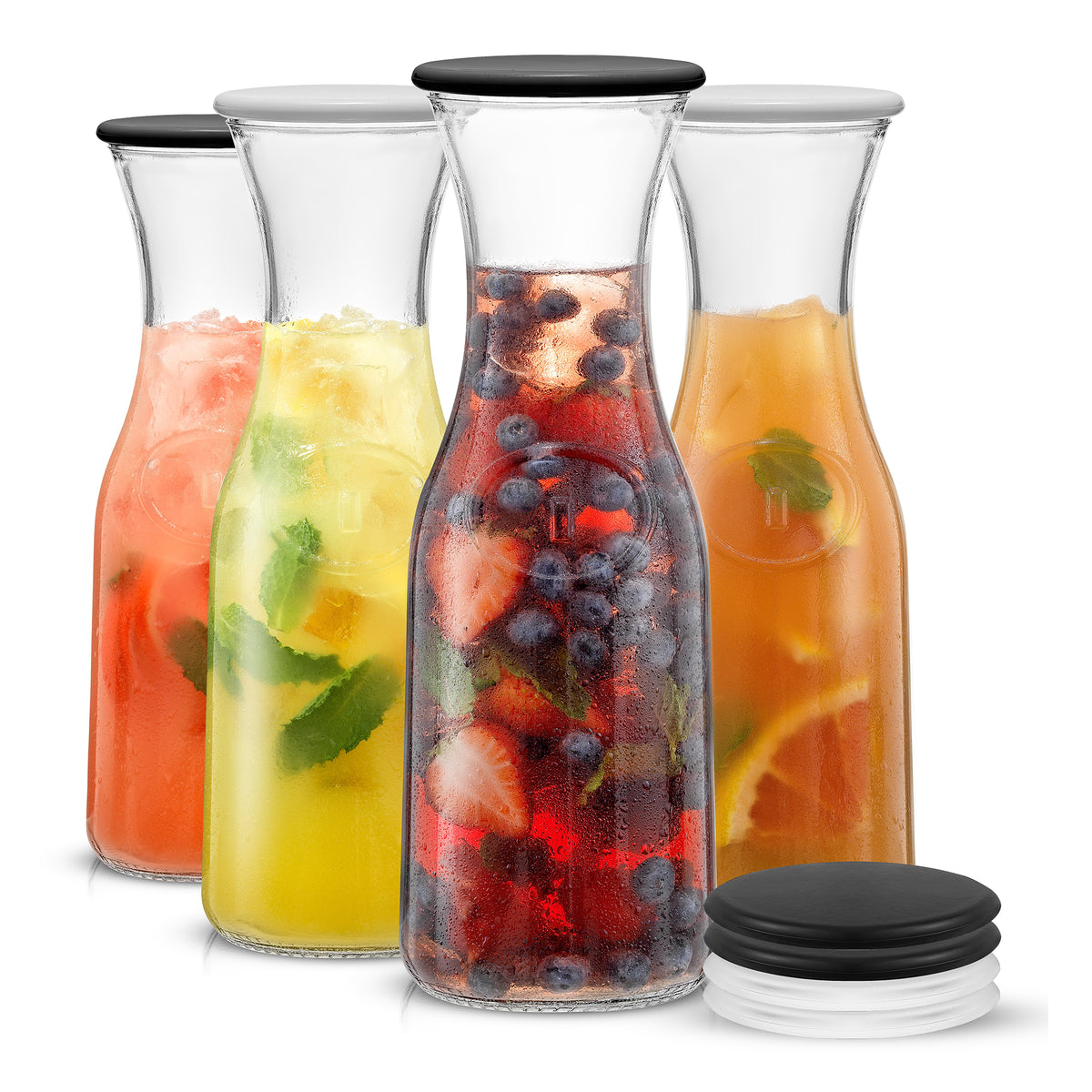 Hali Glass Carafe Bottle Pitcher with 6 Lids - 35 oz - Set of 4