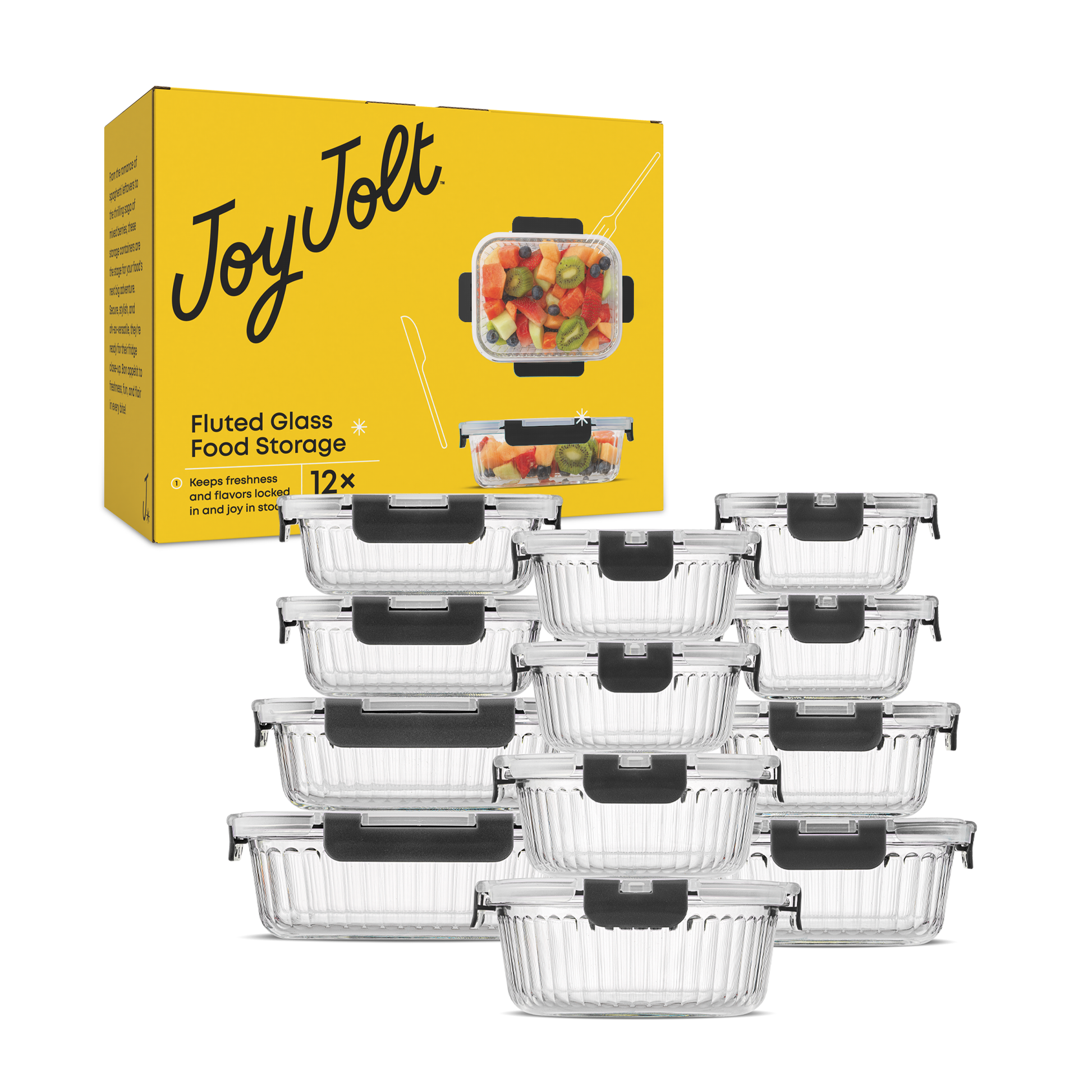 Set of glass food storage containers with a yellow packaging JoyJolt box in the background