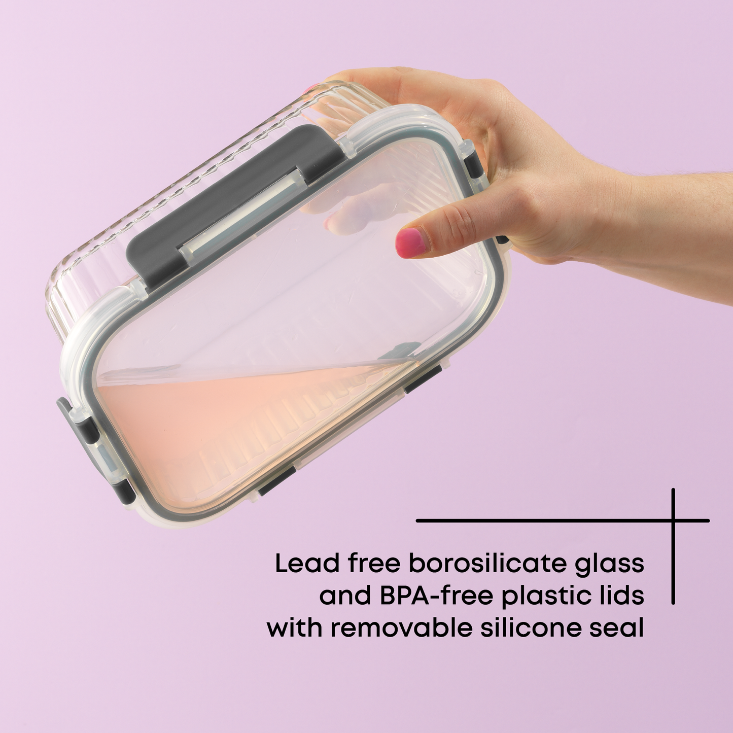 Hands holding a closed container with liquid inside, upside down, to demonstrate its leakproof feature. Text: lead free borosilicate glass with BPA free plastic lids and removable seal.