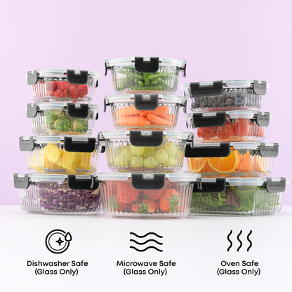 Set of clear food storage containers with fruits and vegetables on a white surface with a light purple background. Text call outs: dishwasher, microwave, and oven safe glass only.