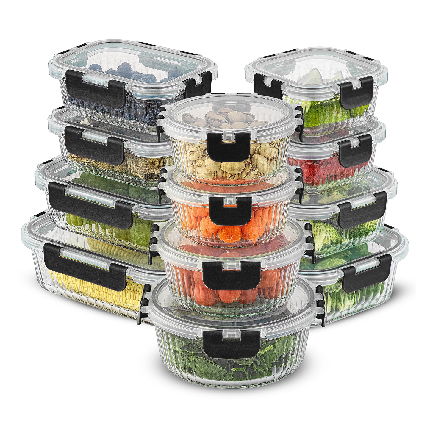 A set of 12 borosilicate fluted glass storage containers with airtight plastic lids in various rectangle, square, and round shapes, displayed with food inside to showcase the containers' capacity and design.