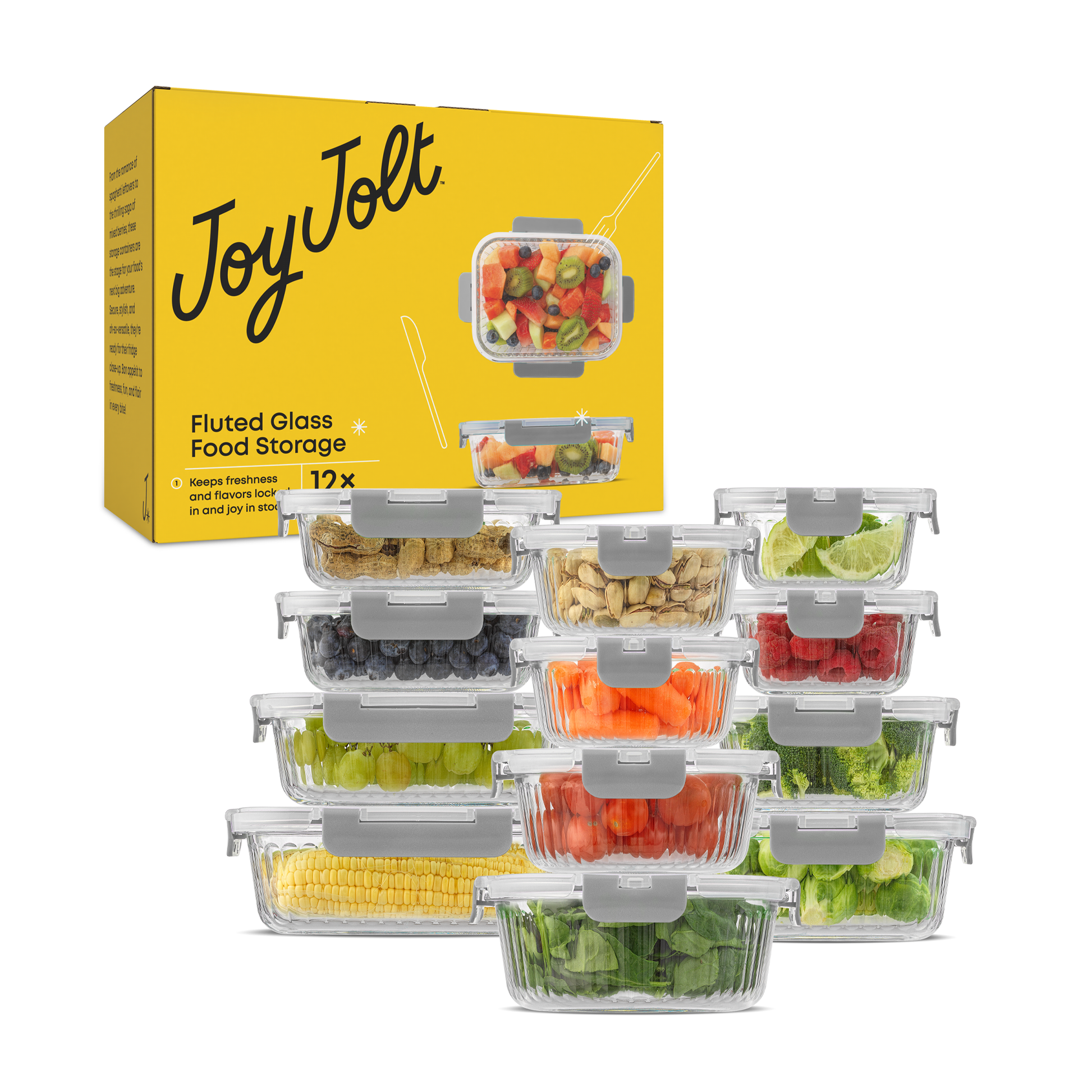 Set of glass food storage containers with a yellow packaging JoyJolt box in the background