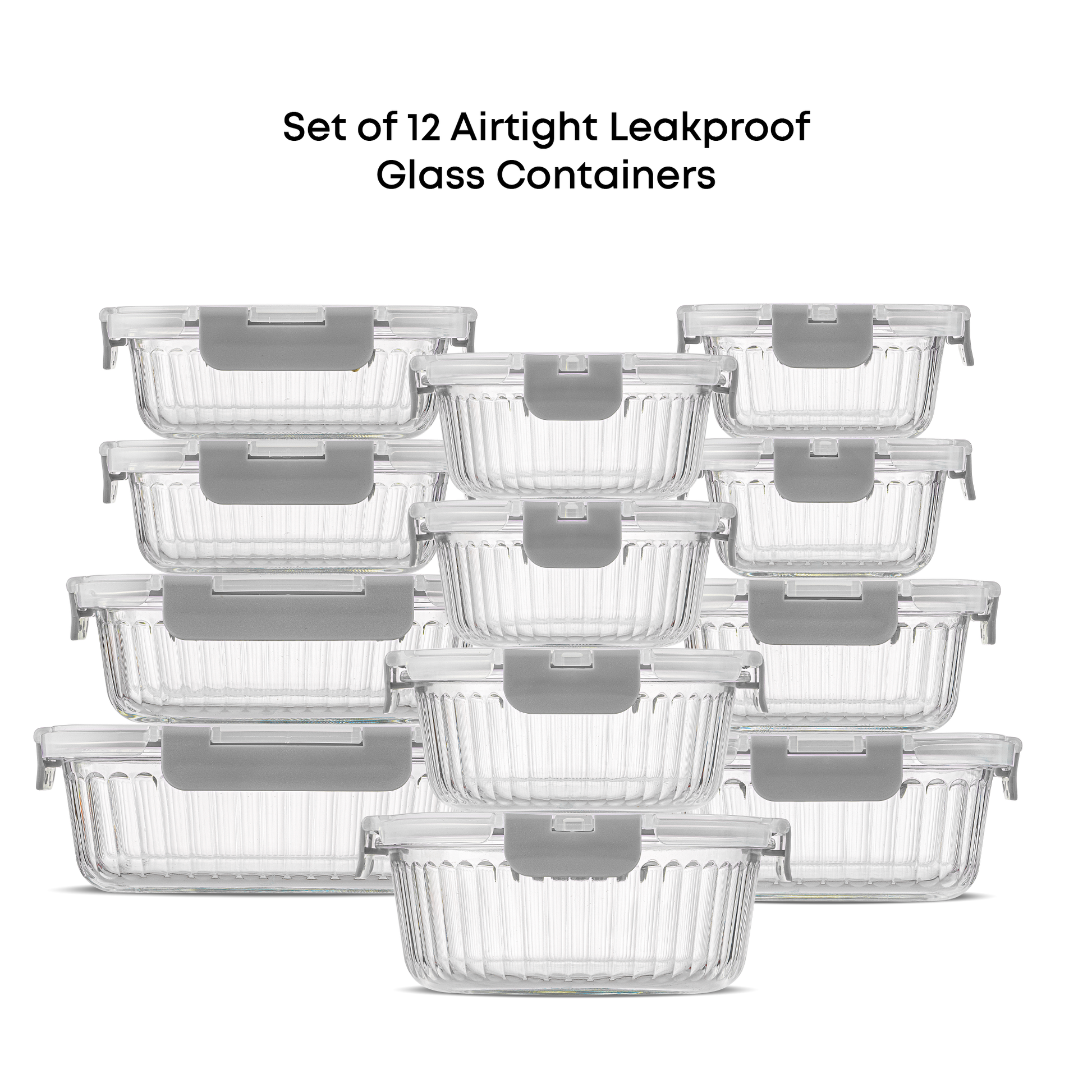 Set of 12 airtight leakproof glass containers with gray lids on a white background