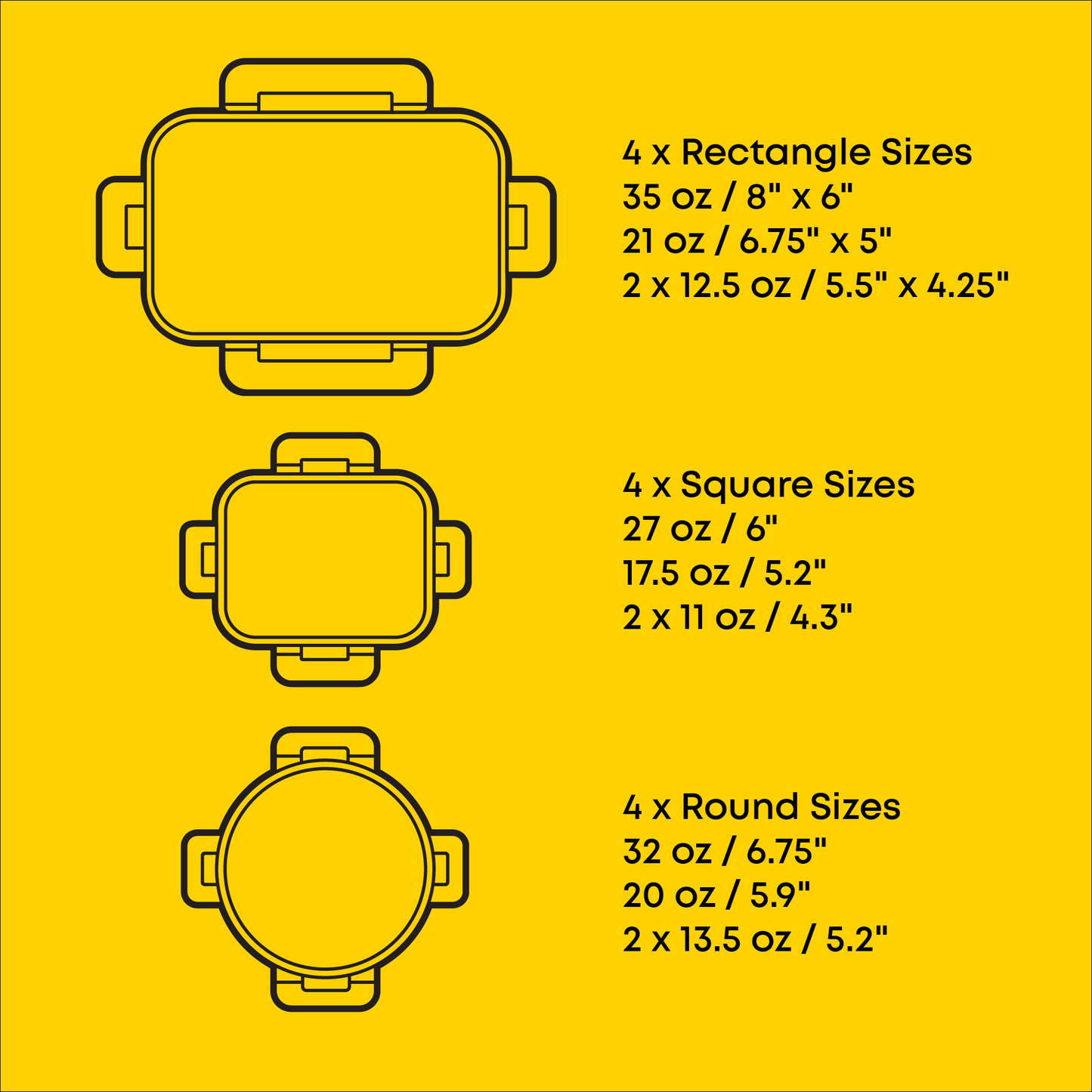 Illustrations of containers with their respective sizes on a yellow background
