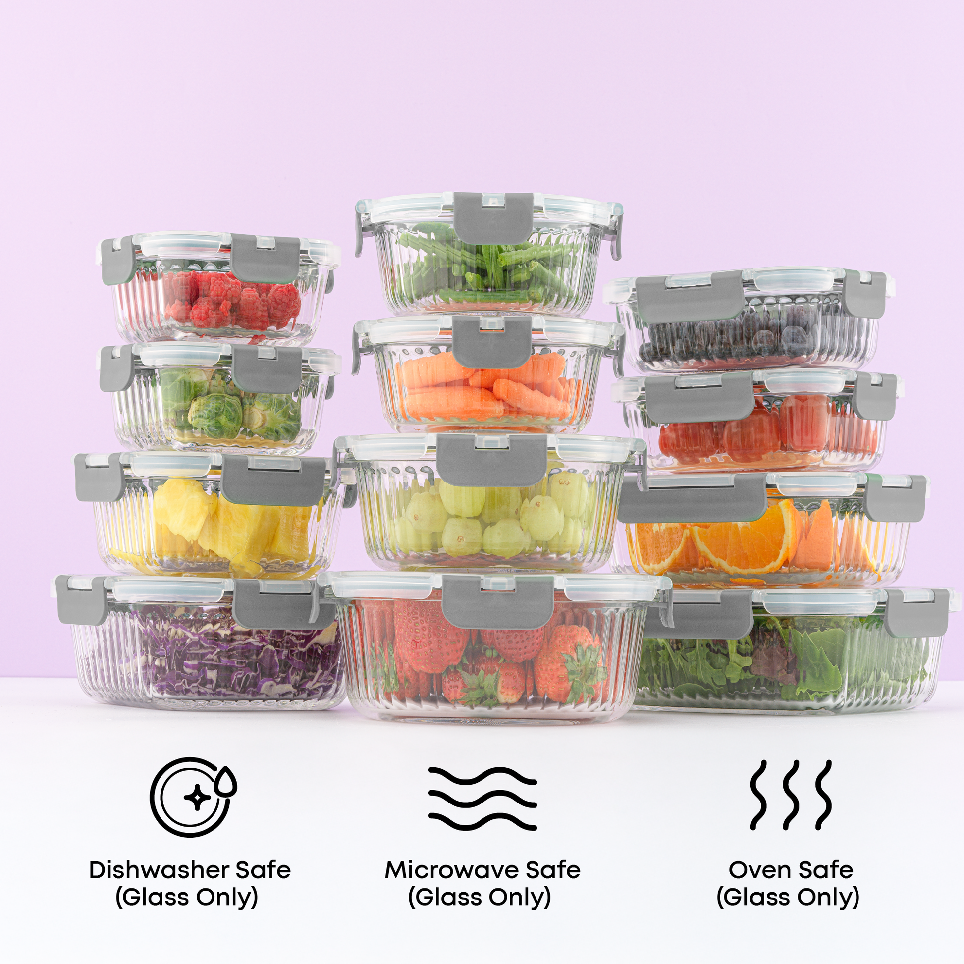 Set of clear food storage containers with fruits and vegetables on a white surface with a light purple background. Text call outs: dishwasher, microwave, and oven safe glass only.