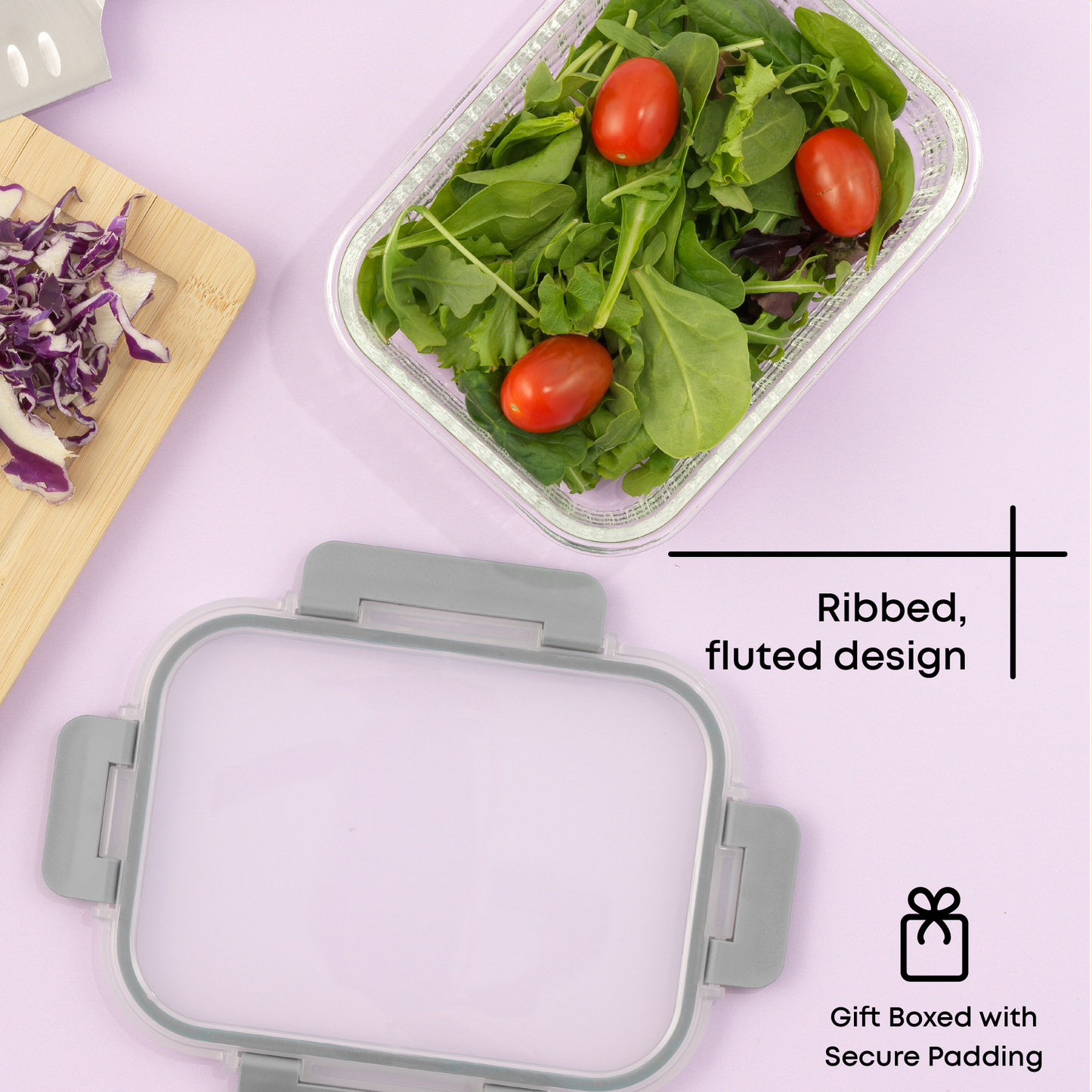Container with salad on a purple background, with ribbed, fluted design glass and gift boxed call outs in text.