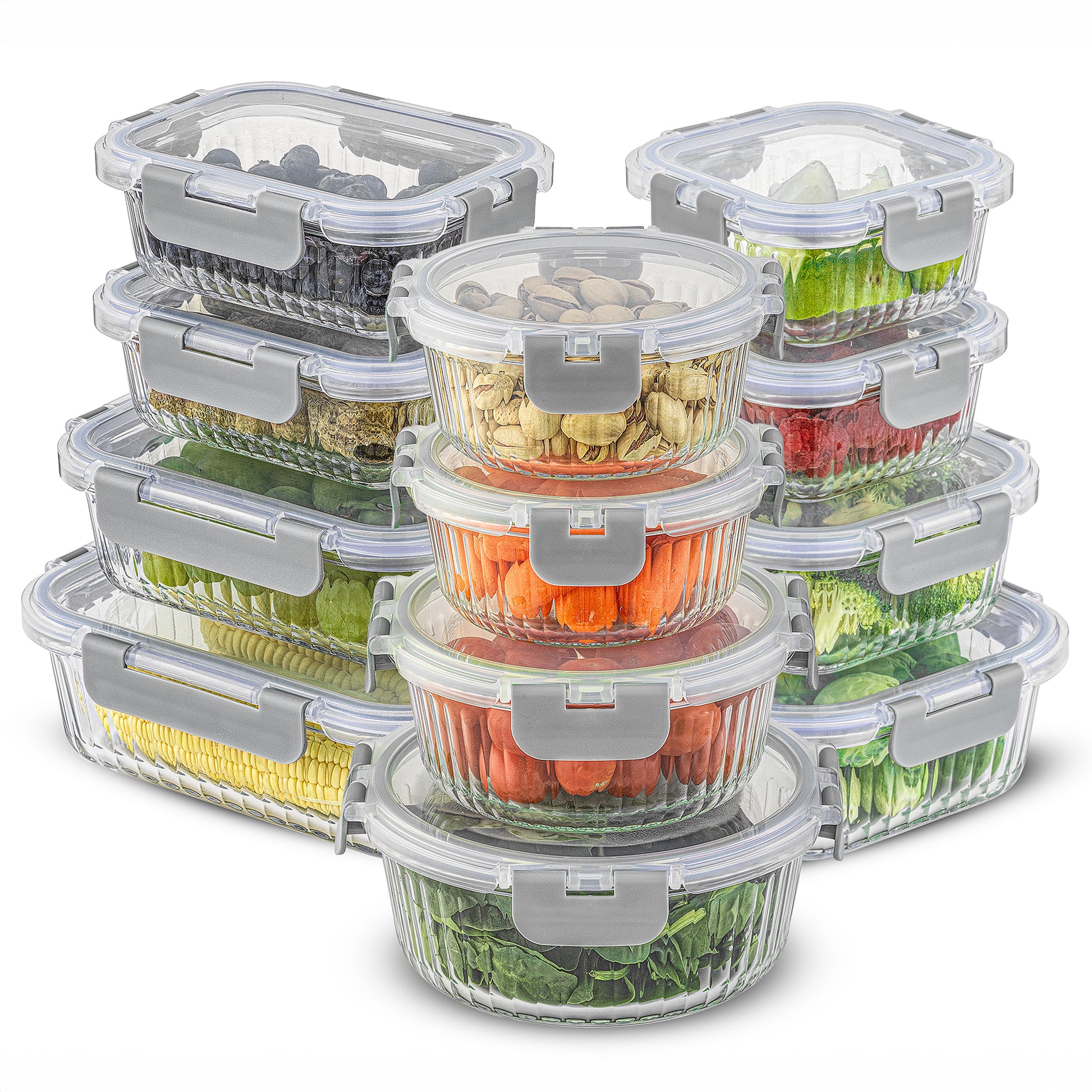 A set of 12 borosilicate fluted glass storage containers with airtight plastic lids in various rectangle, square, and round shapes, displayed with food inside to showcase the containers' capacity and design.