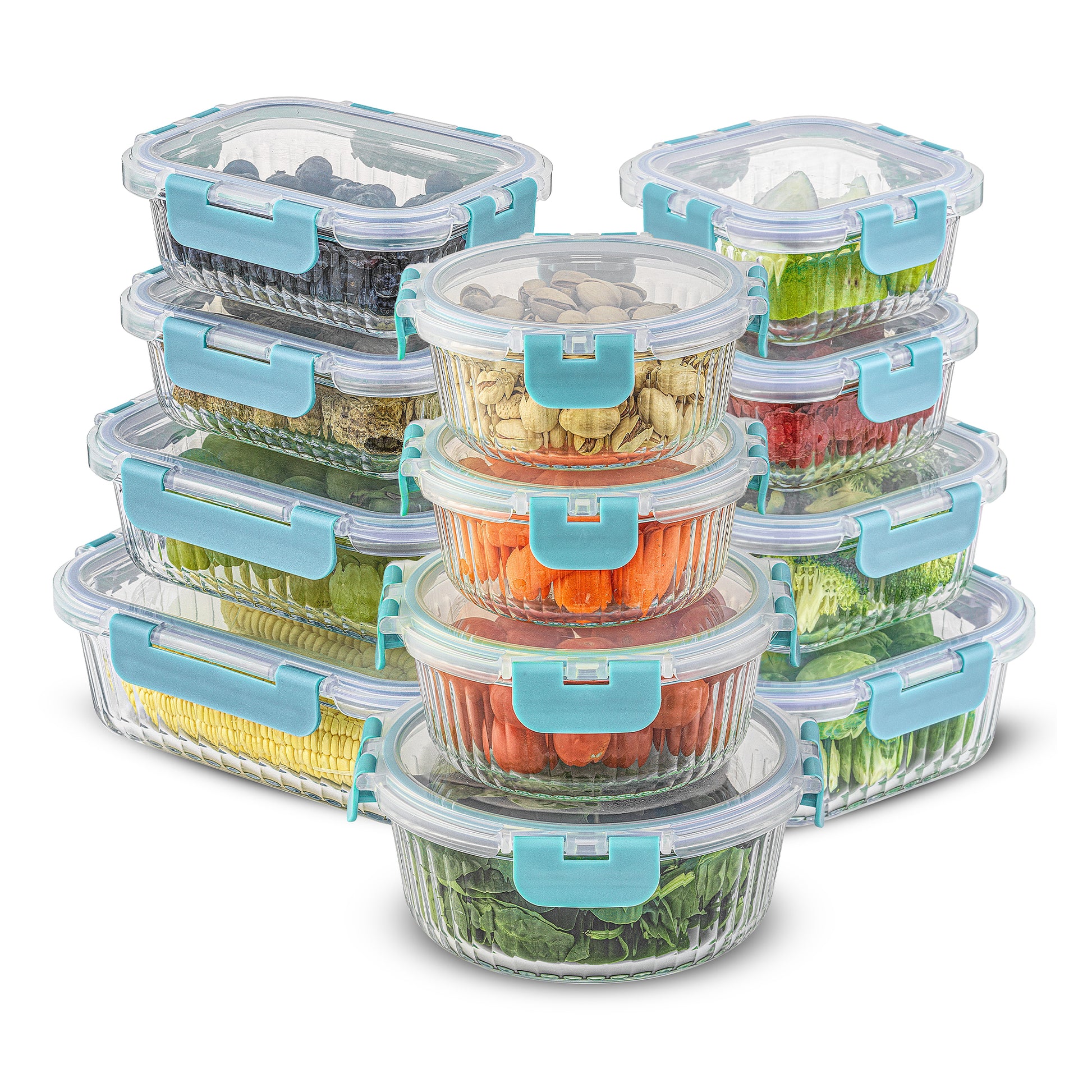 A set of 12 borosilicate fluted glass storage containers with airtight plastic lids in various rectangle, square, and round shapes, displayed with food inside to showcase the containers' capacity and design.