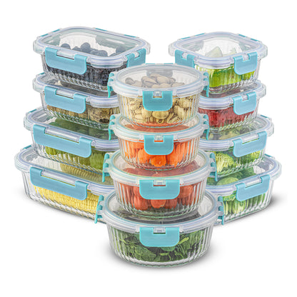A set of 12 borosilicate fluted glass storage containers with airtight plastic lids in various rectangle, square, and round shapes, displayed with food inside to showcase the containers' capacity and design.