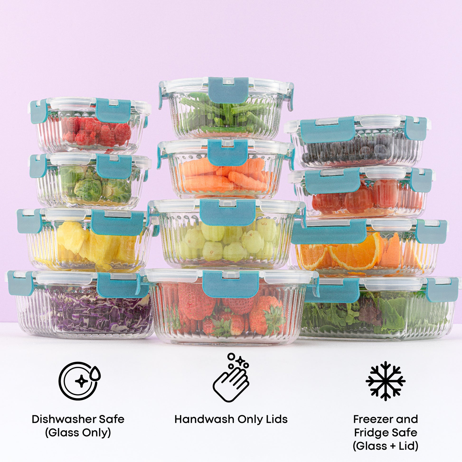 Set of clear food storage containers with fruits and vegetables on a white surface with a light purple background. Text call outs: dishwasher safe glass, handwash lids, freezer and fridge safe.