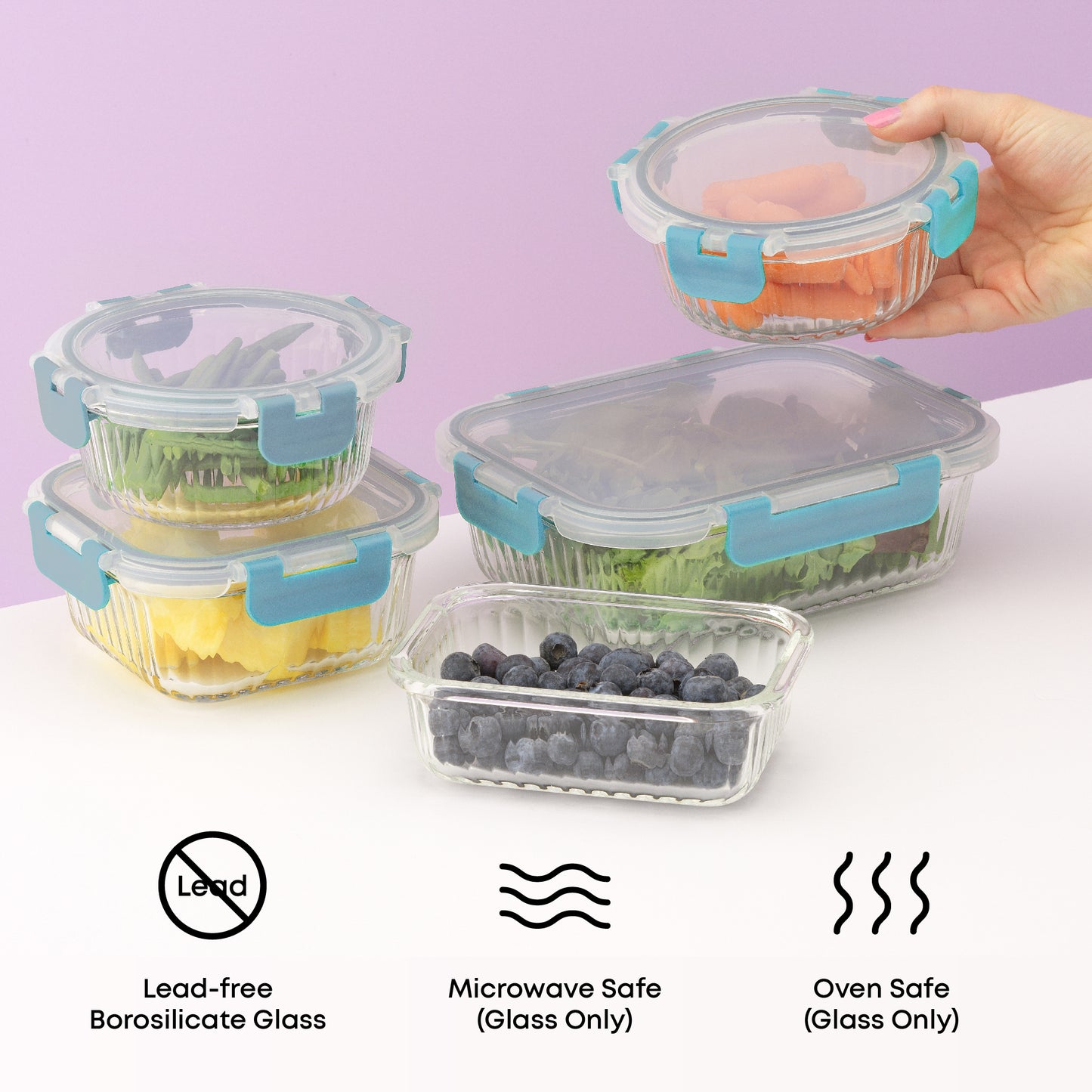 Set of glass food containers with black lids on a white surface against a purple background. Text: lead free borosilicate glass, oven and microwave safe glass only.