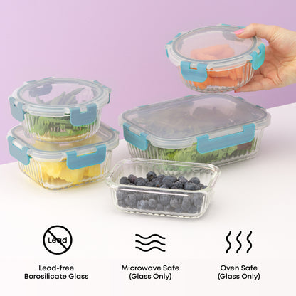 Set of glass food containers with black lids on a white surface against a purple background. Text: lead free borosilicate glass, oven and microwave safe glass only.