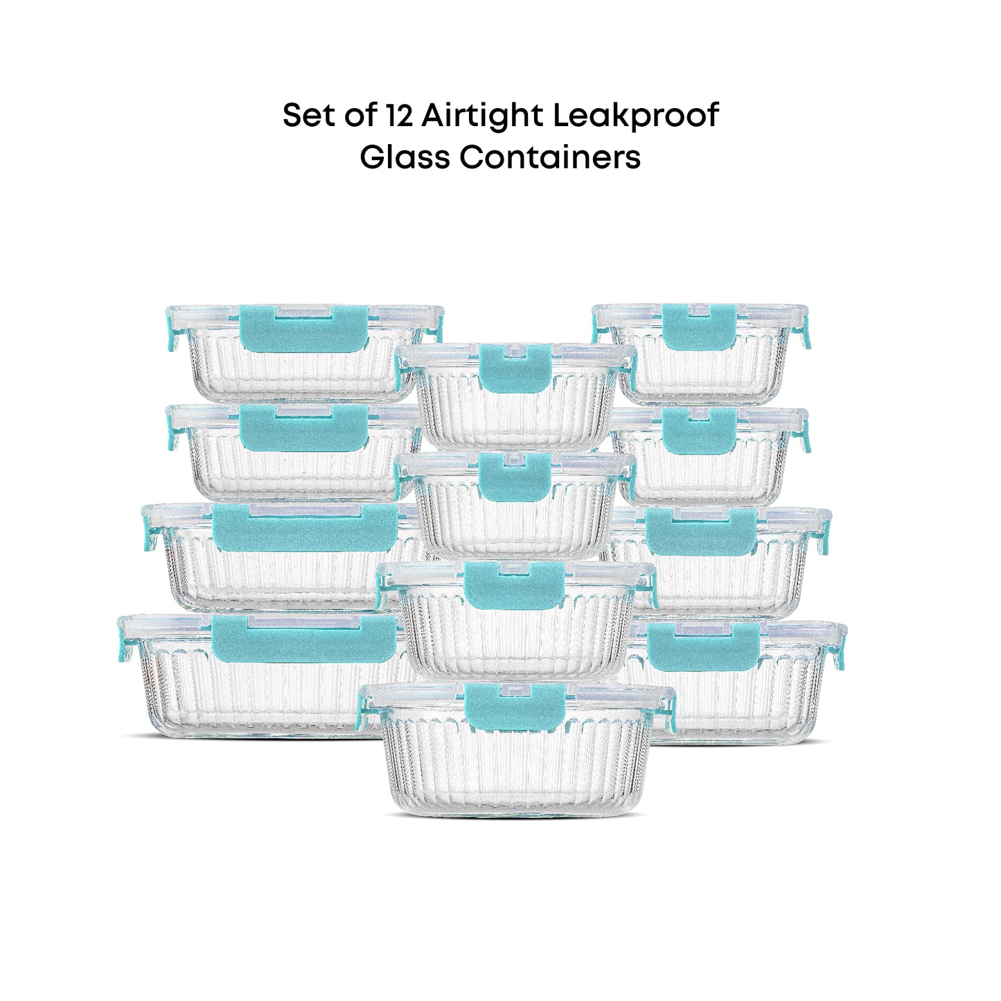 Set of 12 airtight leakproof glass containers with blue lids on a white background