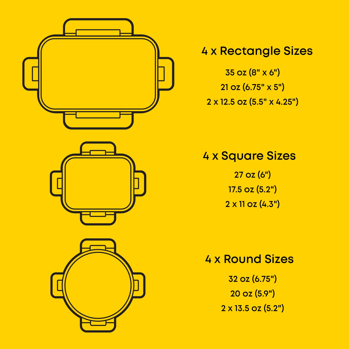 Illustrations of containers with their respective sizes on a yellow background