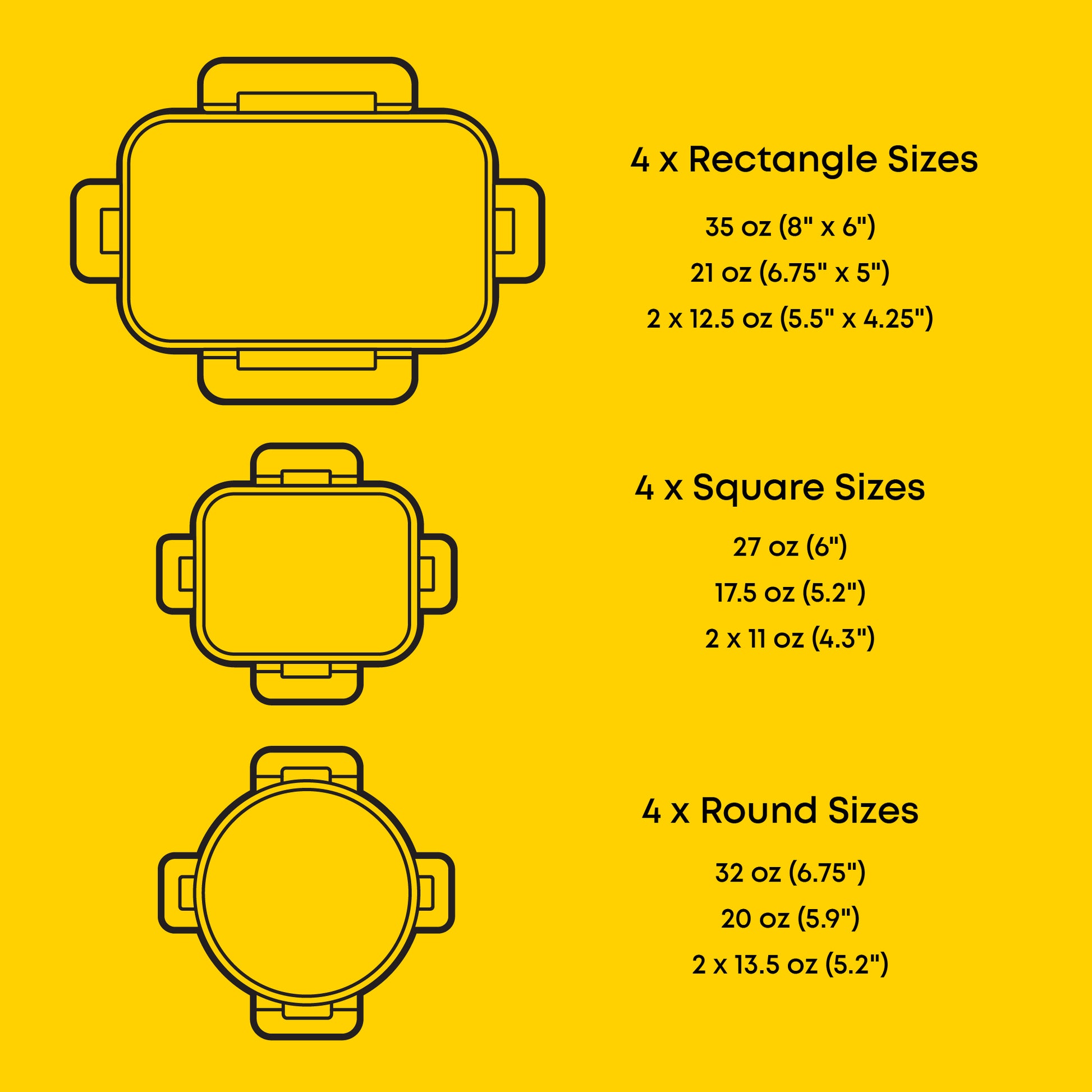Illustrations of containers with their respective sizes on a yellow background