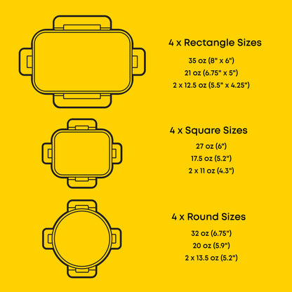 Illustrations of containers with their respective sizes on a yellow background