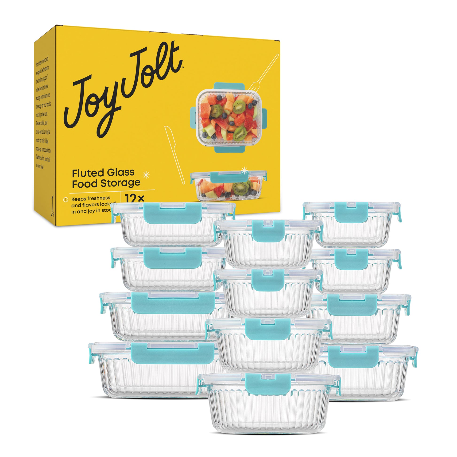 Set of glass food storage containers with a yellow packaging JoyJolt box in the background