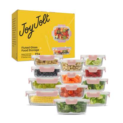 Set of glass food storage containers with a yellow packaging JoyJolt box in the background