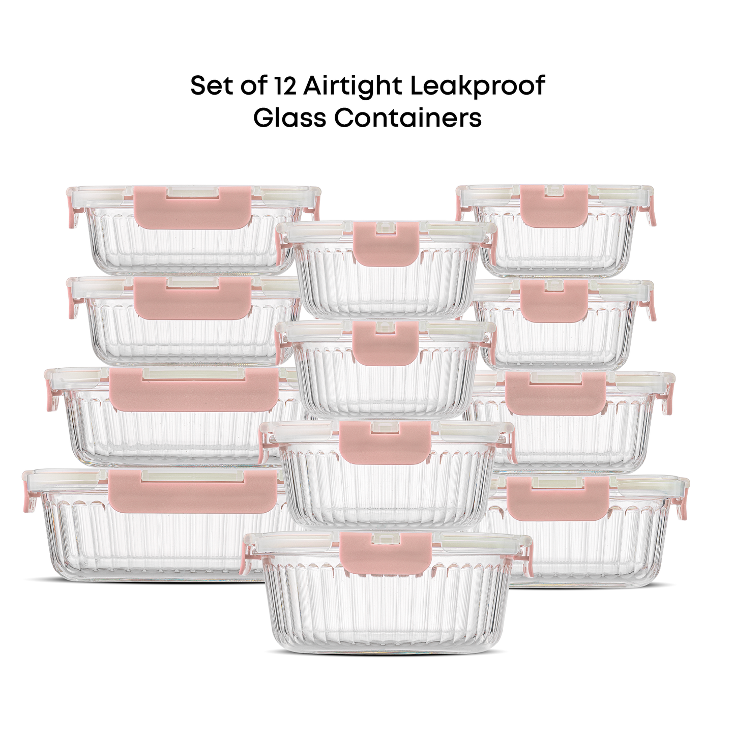 Set of 12 airtight leakproof glass containers with pink lids on a white background