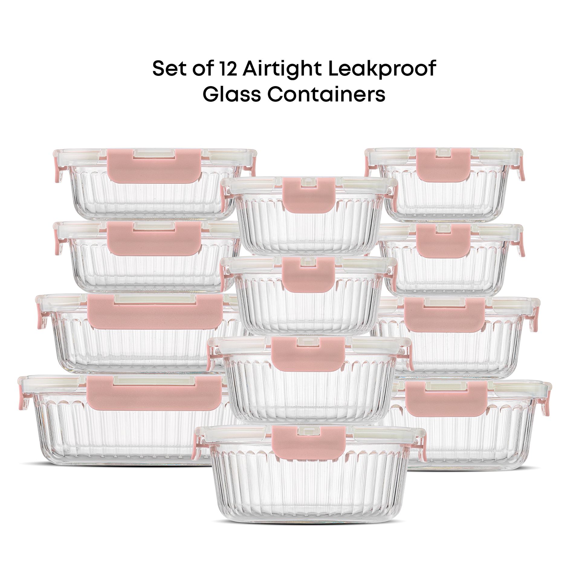 Set of 12 airtight leakproof glass containers with pink lids on a white background