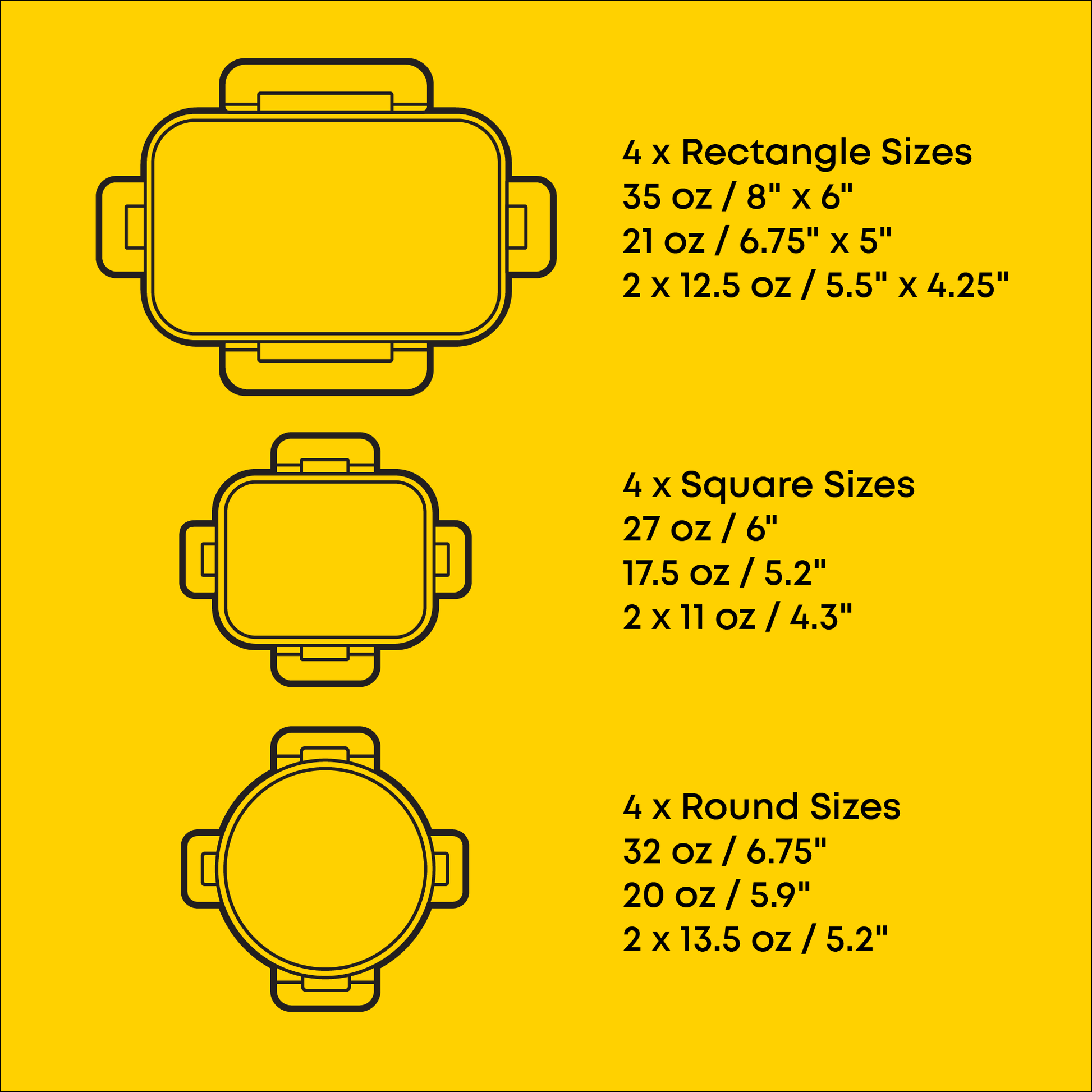 Illustrations of containers with their respective sizes on a yellow background