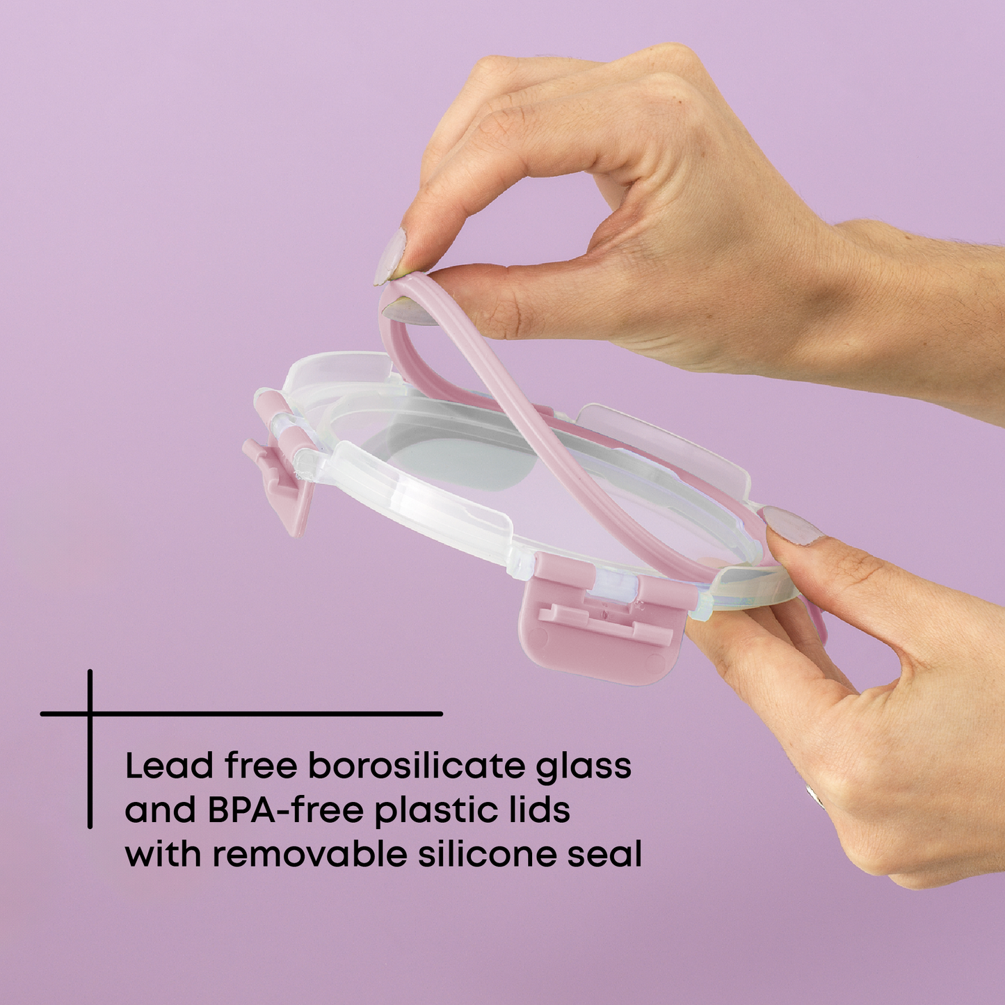 Hands holding a closed container with liquid inside, upside down, to demonstrate its leakproof feature. Text: lead free borosilicate glass with BPA free plastic lids and removable seal.