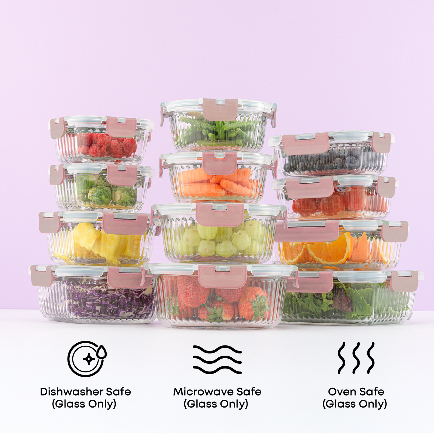 Set of clear food storage containers with fruits and vegetables on a white surface with a light purple background. Text call outs: dishwasher, microwave, and oven safe glass only.