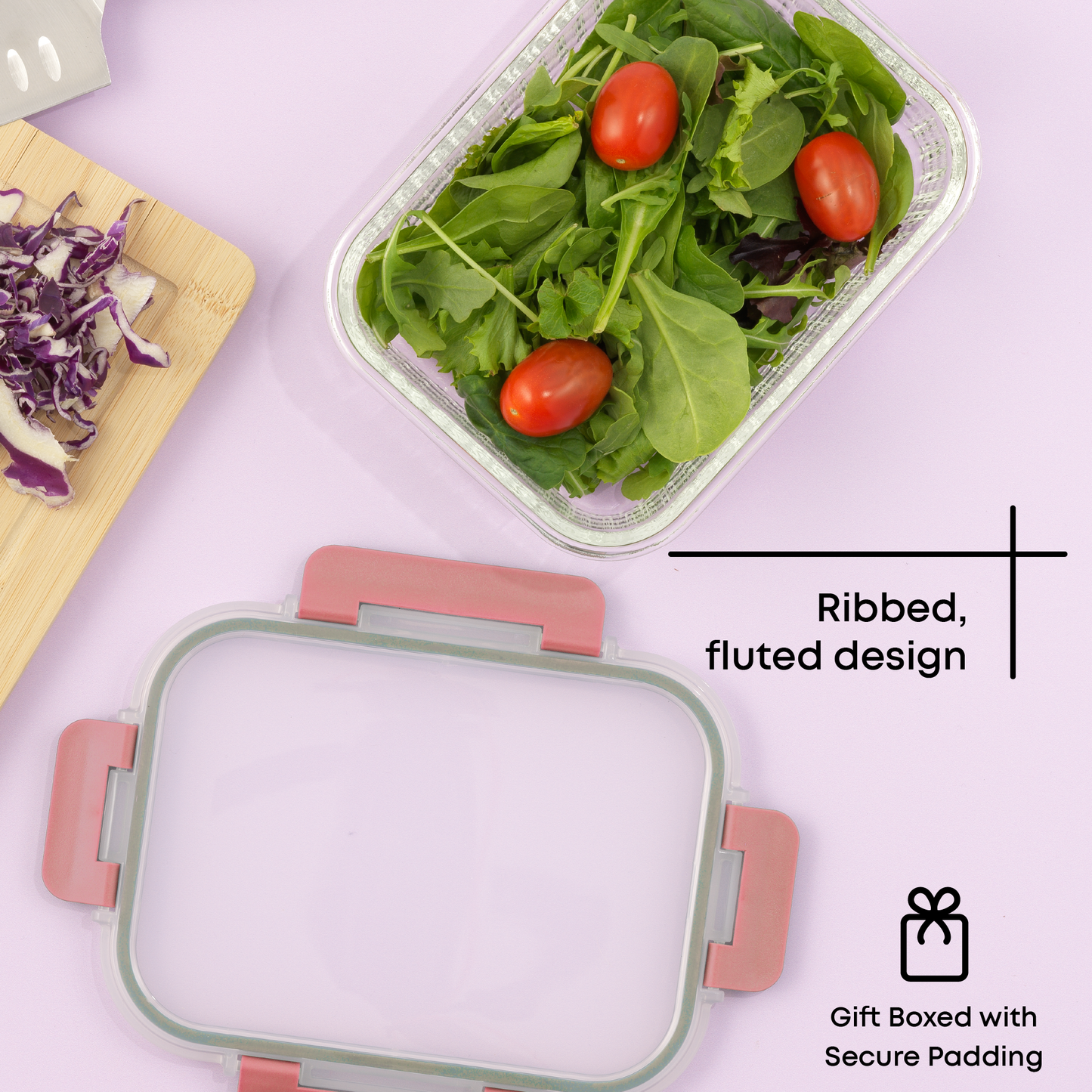Container with salad on a purple background, with ribbed, fluted design glass and gift boxed call outs in text.