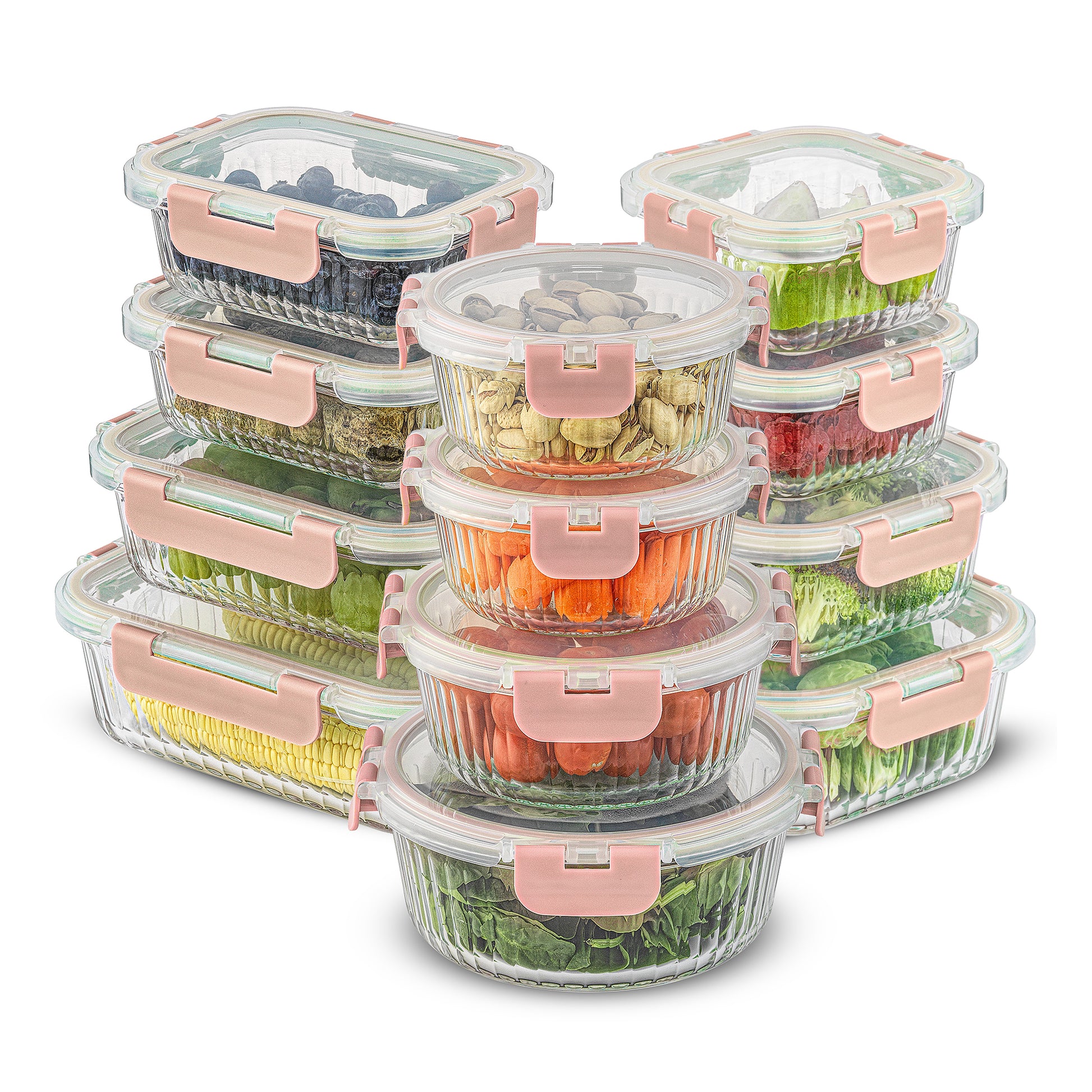 A set of 12 borosilicate fluted glass storage containers with airtight plastic lids in various rectangle, square, and round shapes, displayed with food inside to showcase the containers' capacity and design.