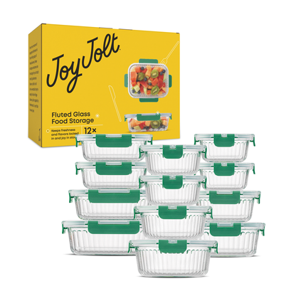 Set of glass food storage containers with a yellow packaging JoyJolt box in the background