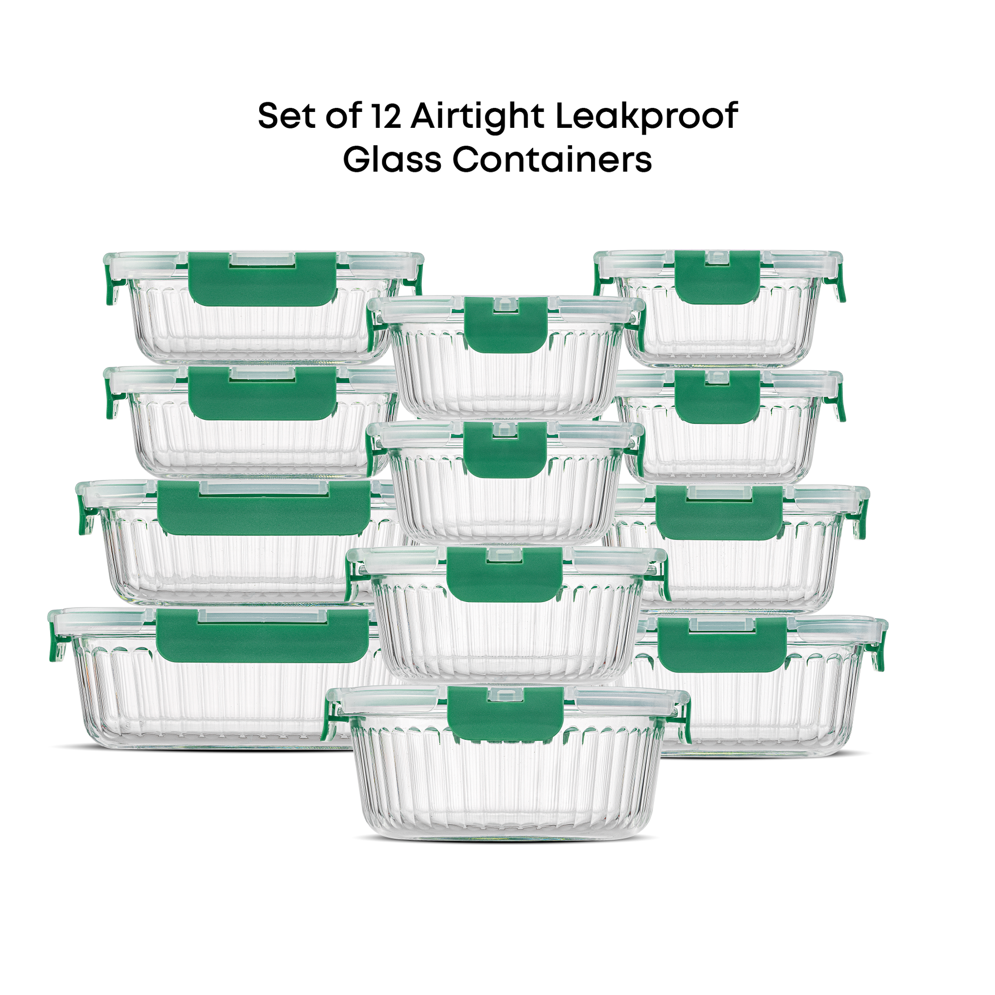 Set of 12 airtight leakproof glass containers with green lids on a white background