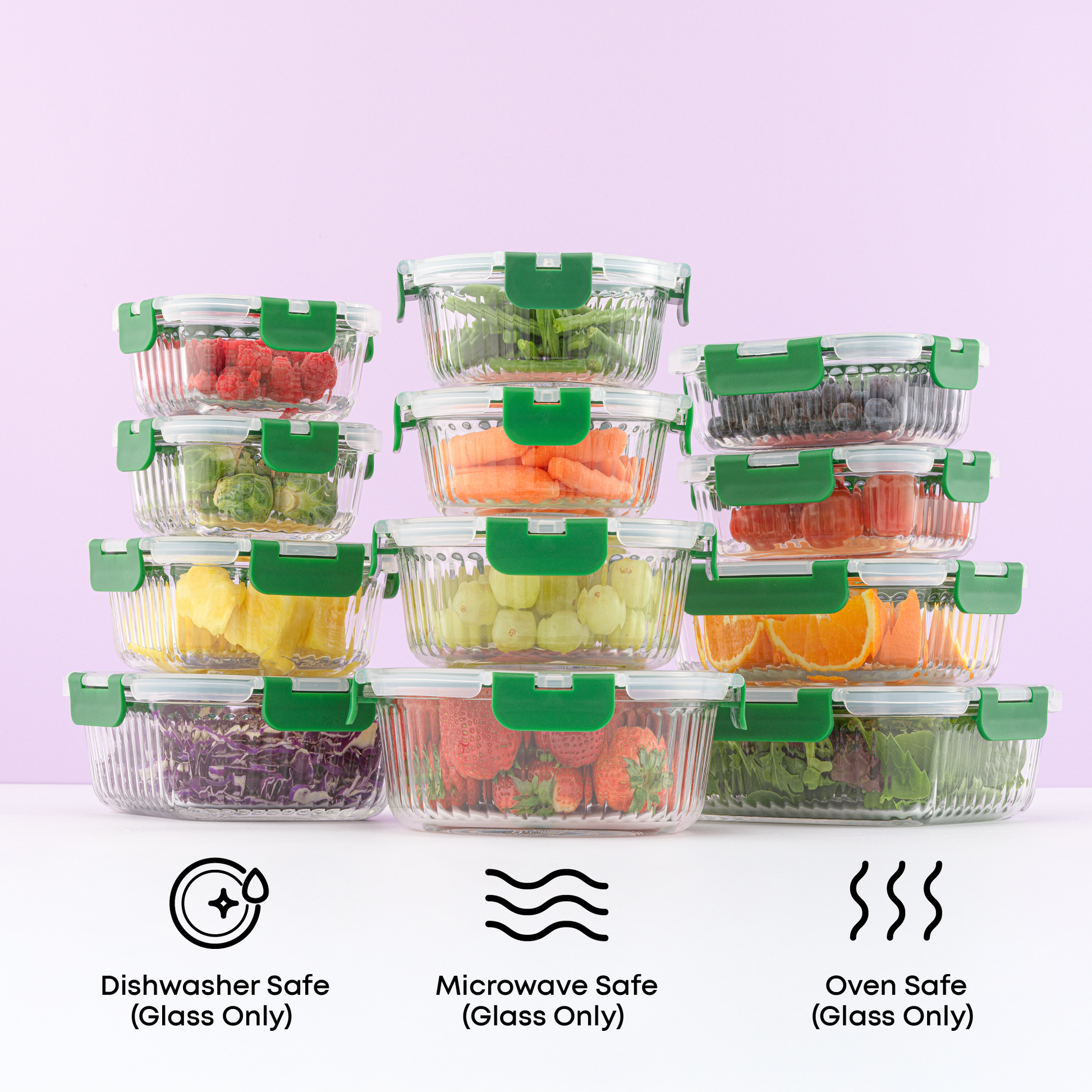Set of clear food storage containers with fruits and vegetables on a white surface with a light purple background. Text call outs: dishwasher, microwave, and oven safe glass only.