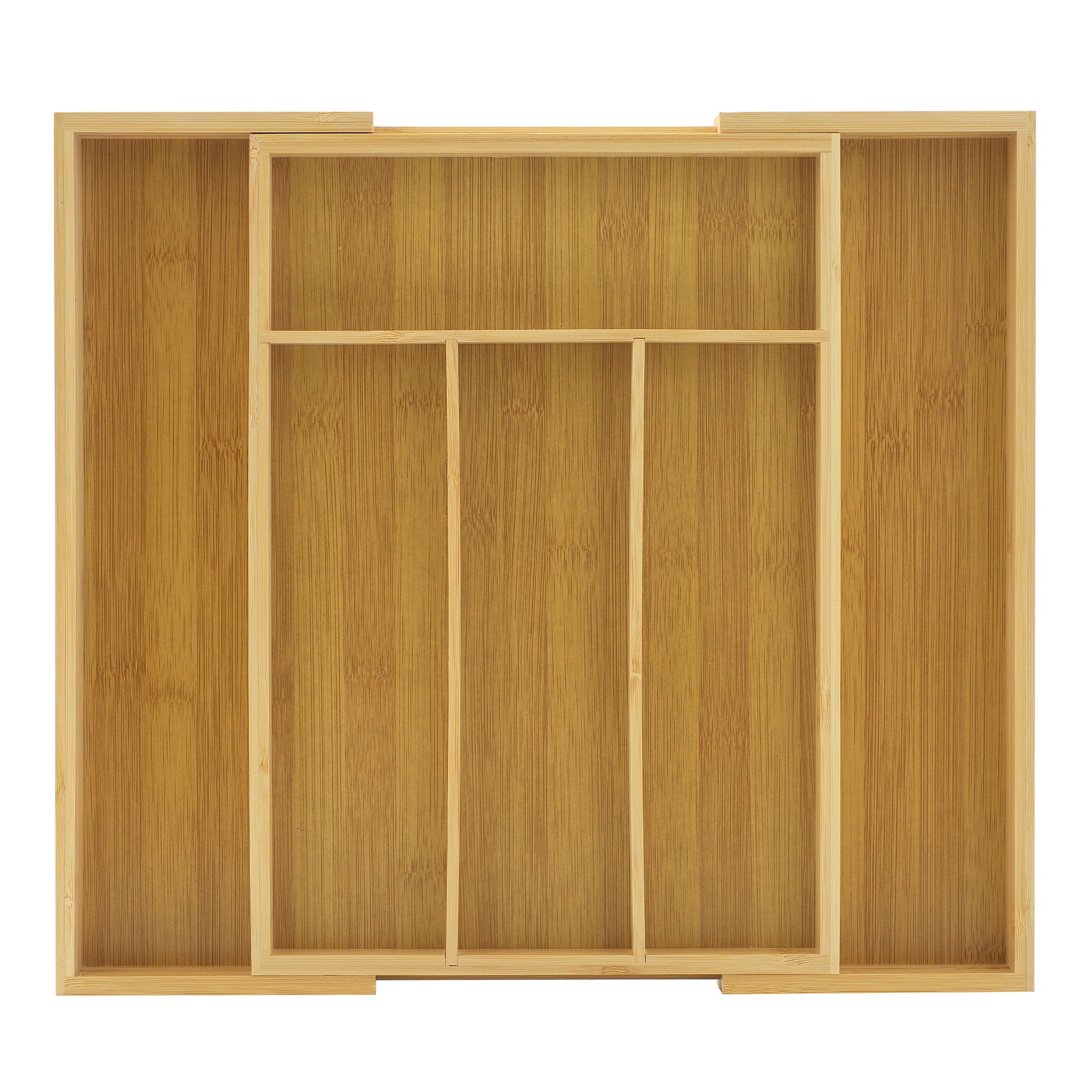 Wooden drawer organizer with sliding expandable slots on a white background