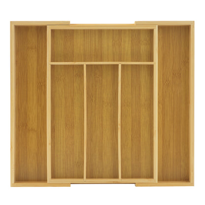 Wooden drawer organizer with sliding expandable slots on a white background
