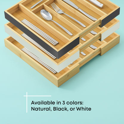 Three organizers in three colors: natural bamboo, white, and black