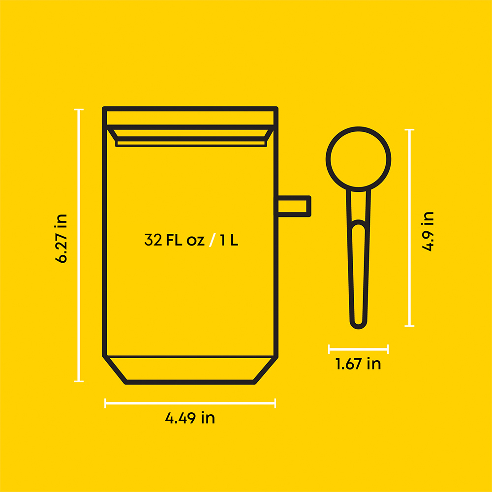 Measurement chart of a 32oz container and 1 tablespoon spoon on a yellow background.