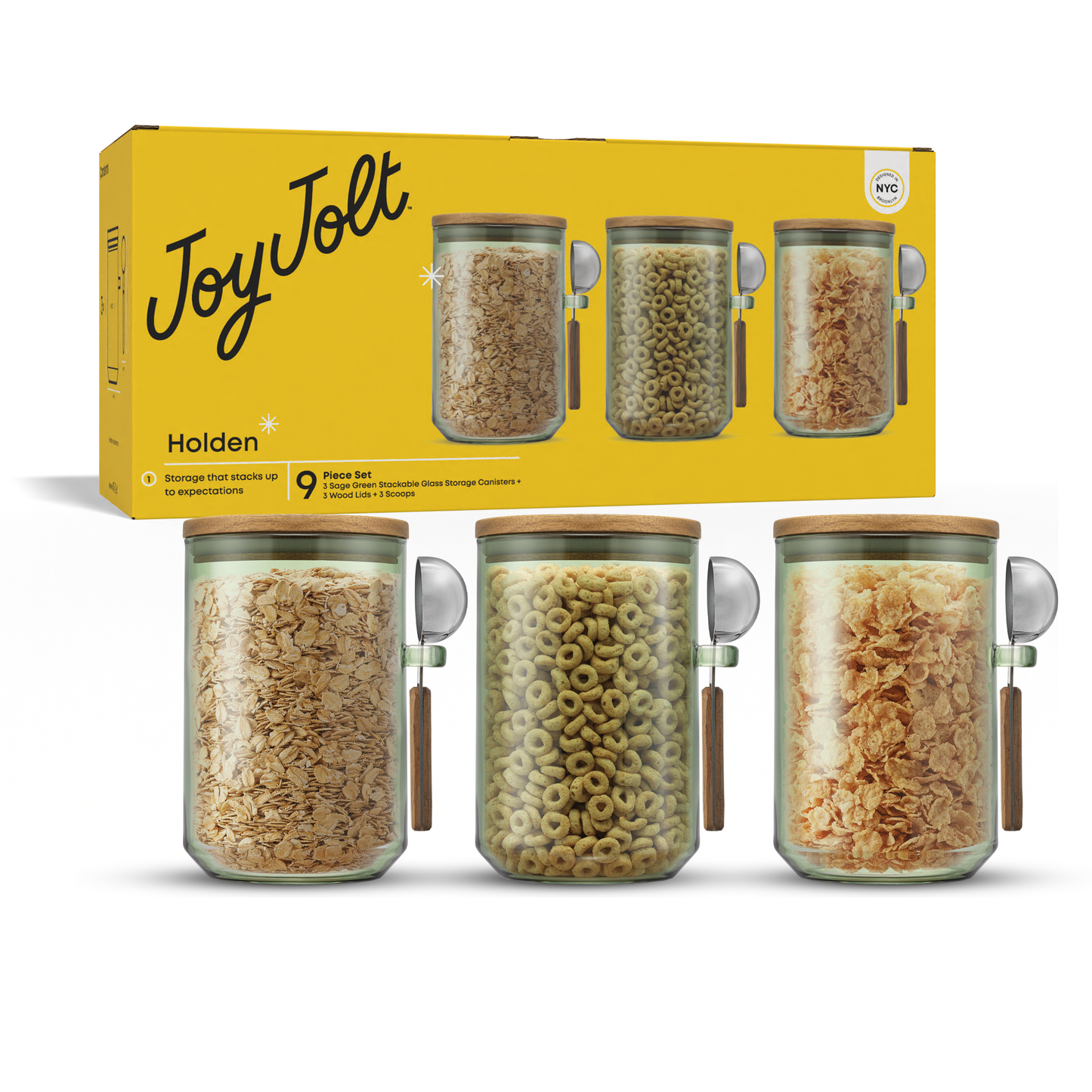 Set of Holden storage canisters with a yellow packaging JoyJolt box in the background
