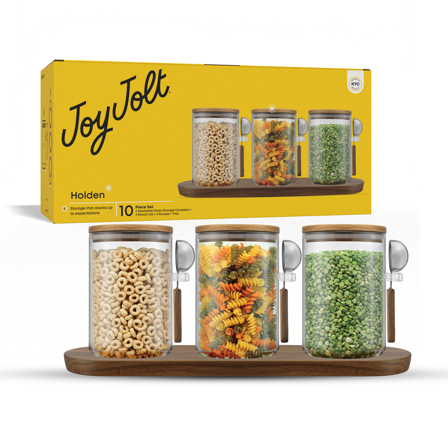 Set of Holden storage canisters with a yellow packaging JoyJolt box in the background