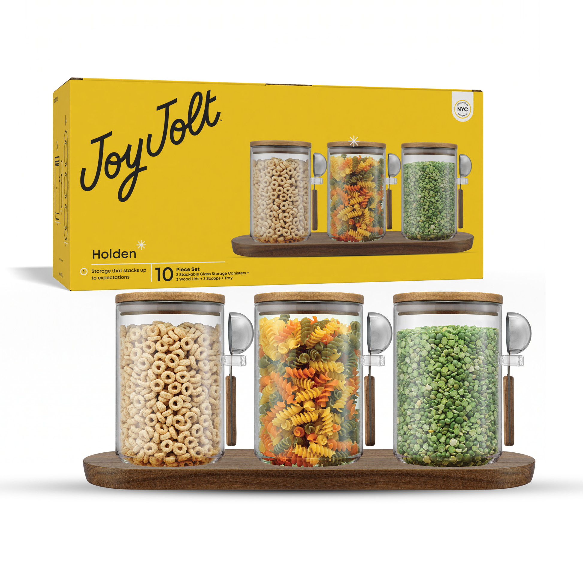 Set of Holden storage canisters with a yellow packaging JoyJolt box in the background