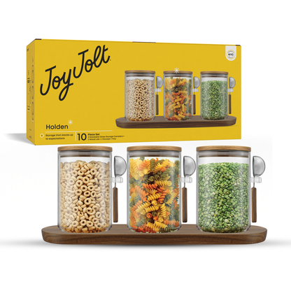 Set of Holden storage canisters with a yellow packaging JoyJolt box in the background