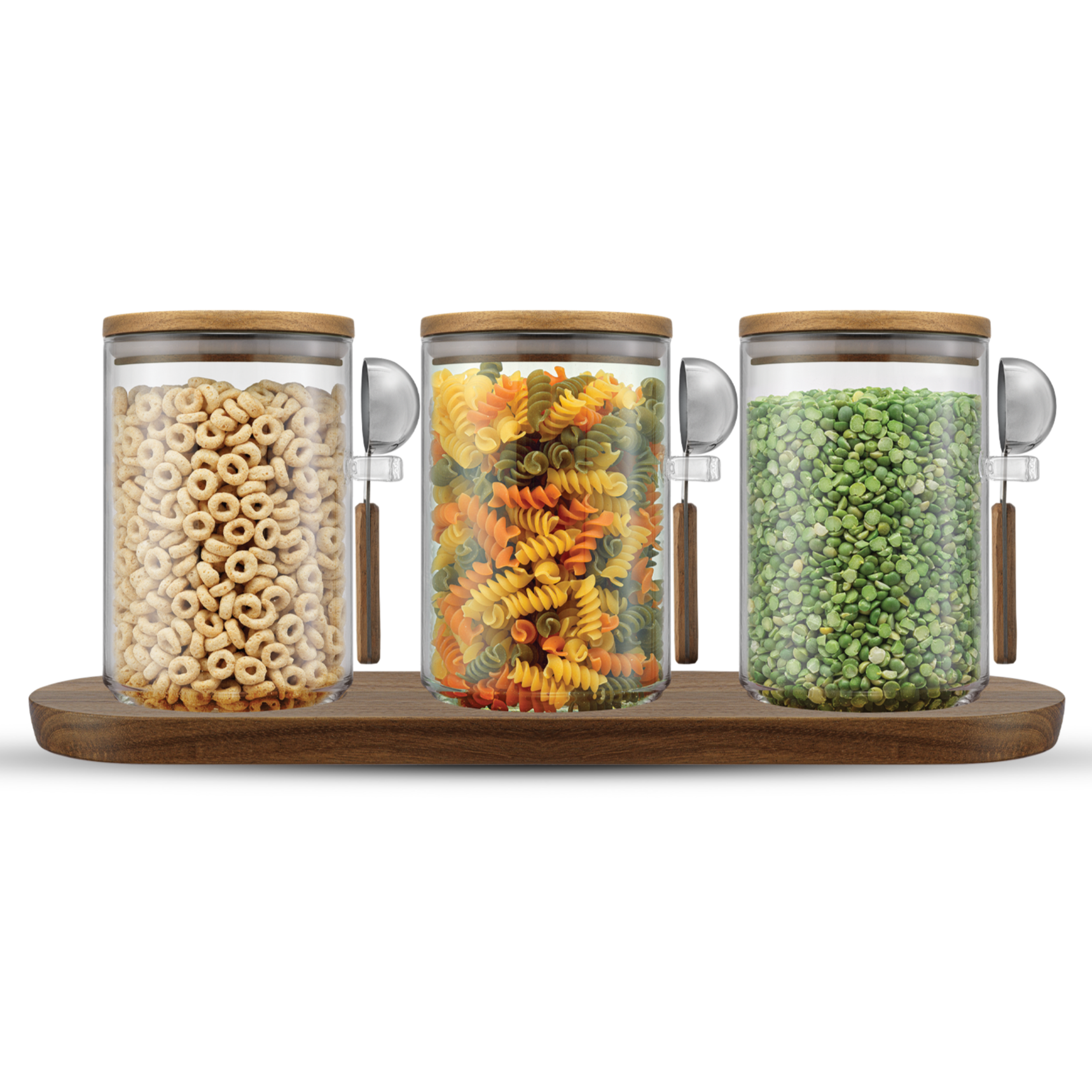 Three glass jars with wooden lids on a tray, containing cereals, pasta, and beans.